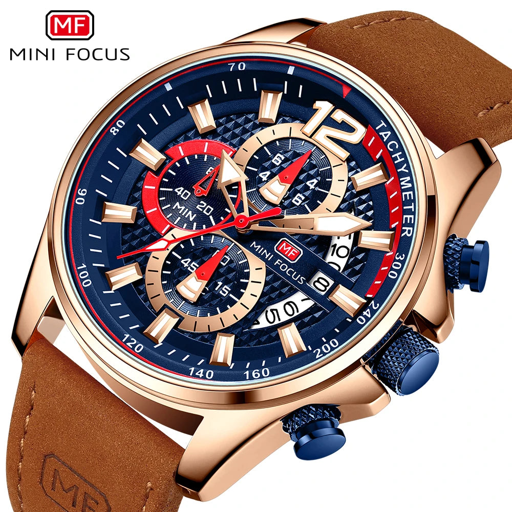 MINI FOCUS MF0350G MF 0350 Fashion Men`s Wristwatches Quartz Clock Leather Strap Waterproof Luminous Hands Watches for Men Reloj Good Vibrations