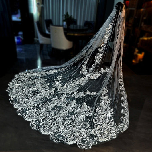 Feishiluo Luxury One Layer Bead Bridal Veil with Bead Lace and Embroidery Wedding Veil in Elegant Style 3.5 Meters Long Good Vibrations