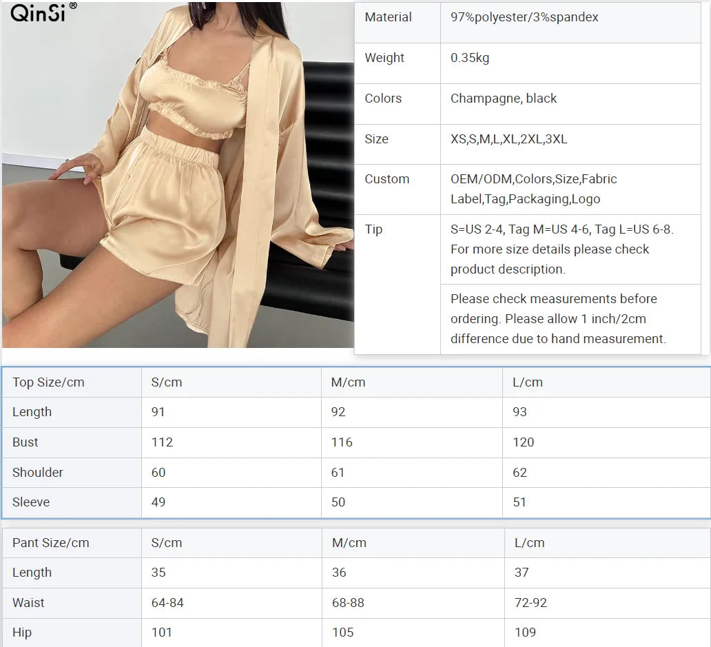 QINSI Sexy Bathrobe Silk Pajamas for Women Three Pieces Bra Robes Women Set Sleepwear Long Sleeved Satin Sexy Nightwear Good Vibrations