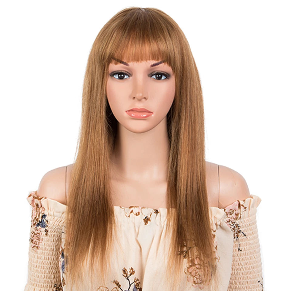 Lekker Highlight Brown Blonde 613 Straight Human Hair Wig With Air Bangs For Women Brazilian Remy Hair Colored Glueless Wigs Good Vibrations