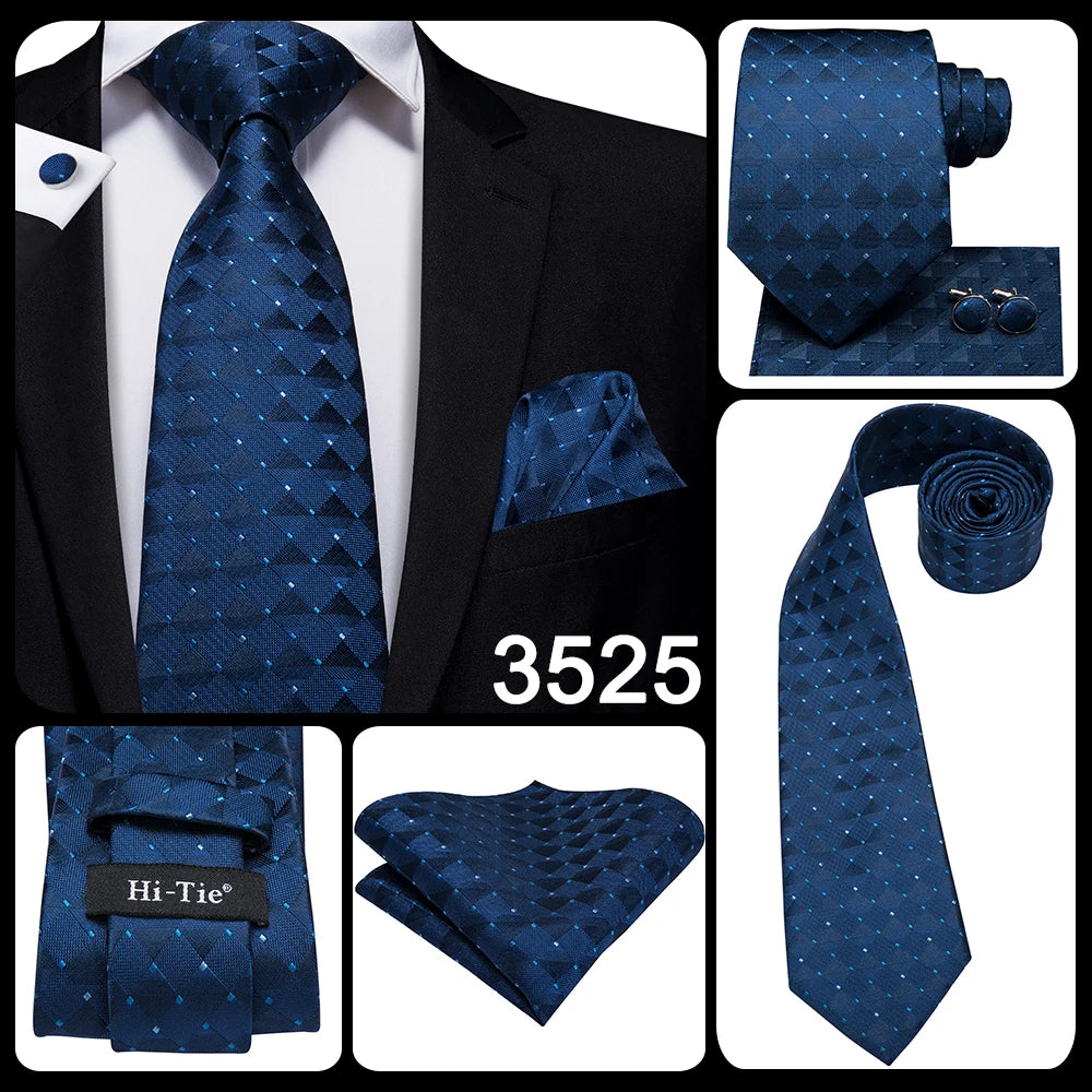 Hi-Tie Navy Blue Solid Paisley Silk Wedding Tie For Men Hanky Cufflink Mens Necktie Set Business Party New Design Dropshipping Good Vibrations