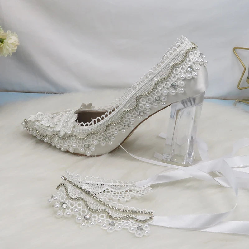 BaoYaFang New Arrival Thick Heel Pointed Toe Womens Wedding Shoes High Heels ladies fashion shoes woman White Lace ankle strap Good Vibrations