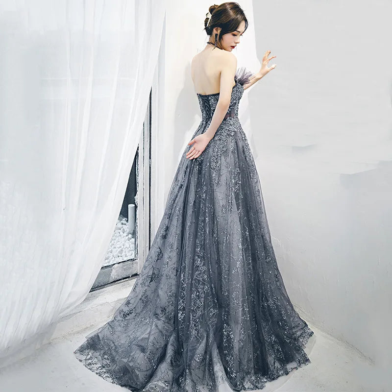 S7908F New High -quality Hot -selling Blue Tube Top Starry Sky Plus Size Evening Dresses Women Lady Elegant Ball Gown Good Vibrations