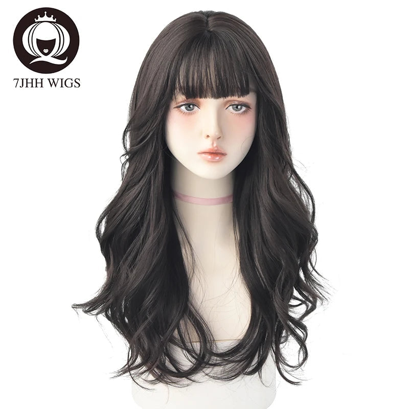 7JHHWIGS Long Wavy Synthetic Black Wigs For Women With Fringe Fashion Heat Resistant Mid-Length Daily Straight Light Brown Hair Good Vibrations