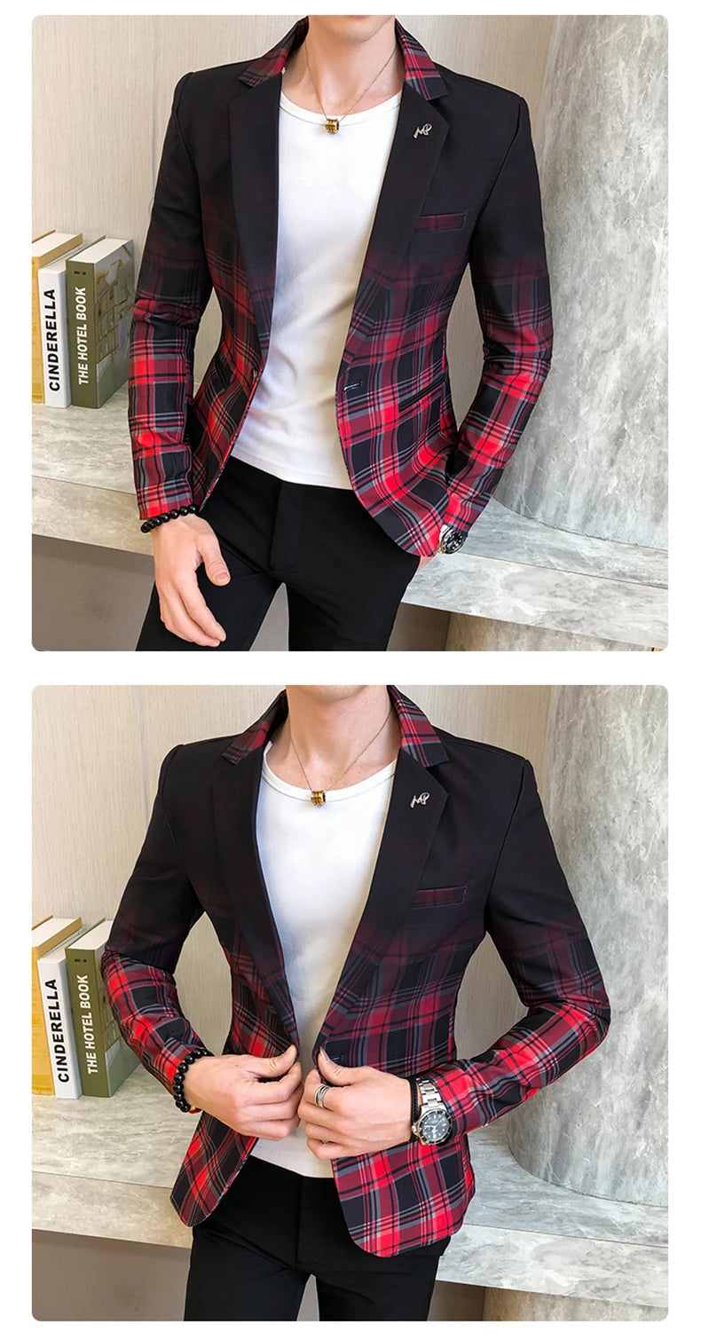 Blazer Men Boutique Fashion Plaid Men's Slim Casual Suit Jacket Male Ball Social Blazer Suit Coat Host Clothing Good Vibrations