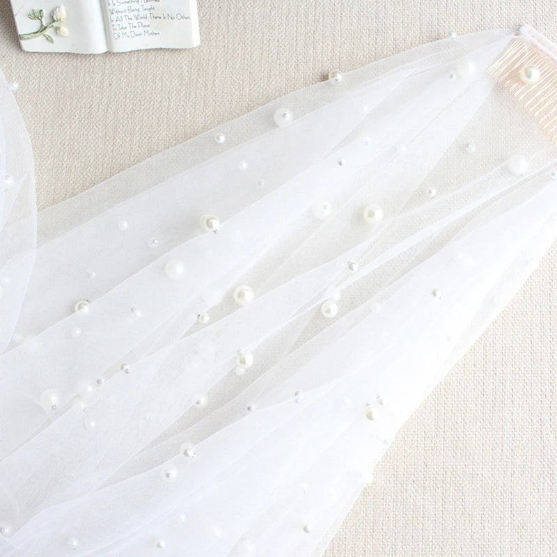 SLBRIDAL Two Layers Wedding Veils With Combs Ivory Pearls Bridal Veils Wedding Accessories for Bride Mariage Women Good Vibrations