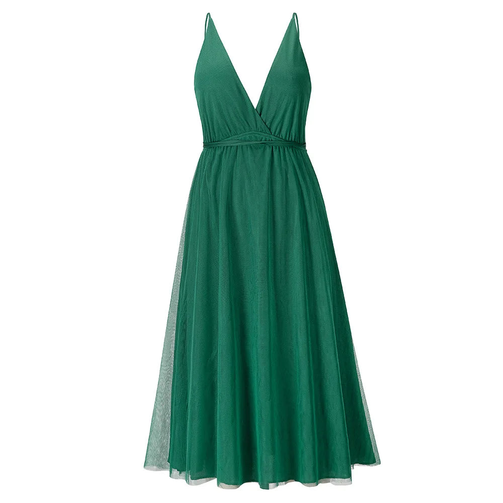 Wholesale Women Summer Slip Dresses Sleeveless Europe Sexy V-Neck Backless Mesh Bridesmaid Party Casual Dress Good Vibrations