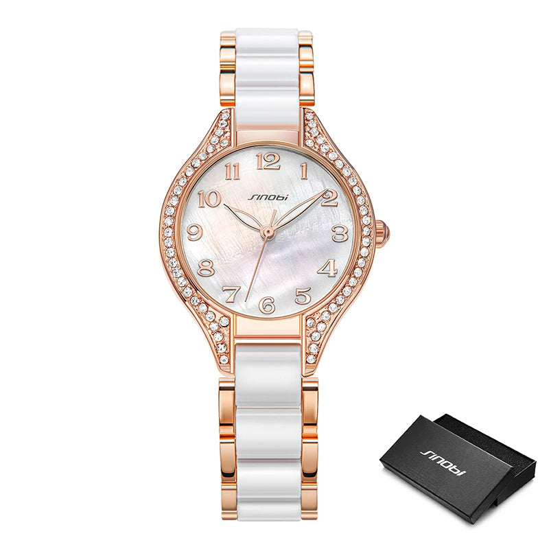 Sinobi Ceramic Band Luxury Diamond Wristwatch Jam Tangan 3ATM Water Resistant Quartz Watch Box Pack MIYOTA 2035 Movement Female Good Vibrations