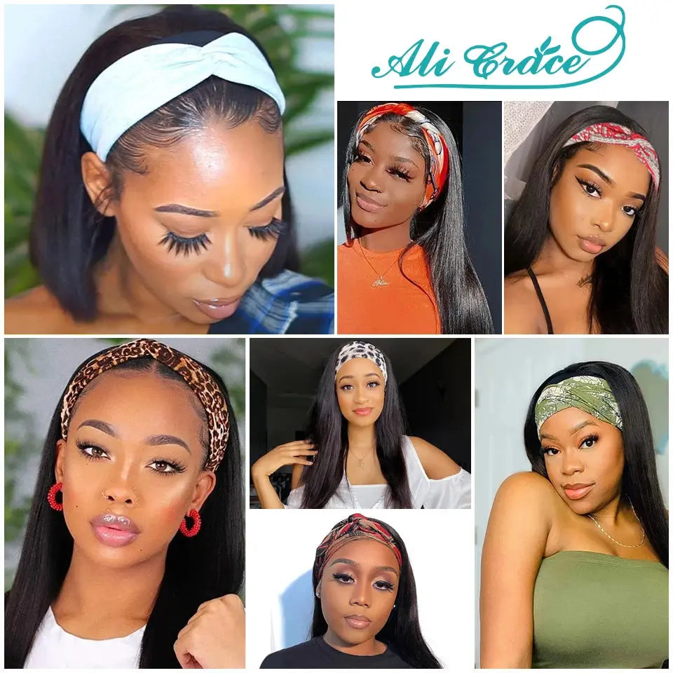 Ali Grace Glueless Wigs Straight Human Hair Wigs for Women Headband Hair Wigs With Adjustable Bangs Brazilian Straight Hair Wigs Good Vibrations