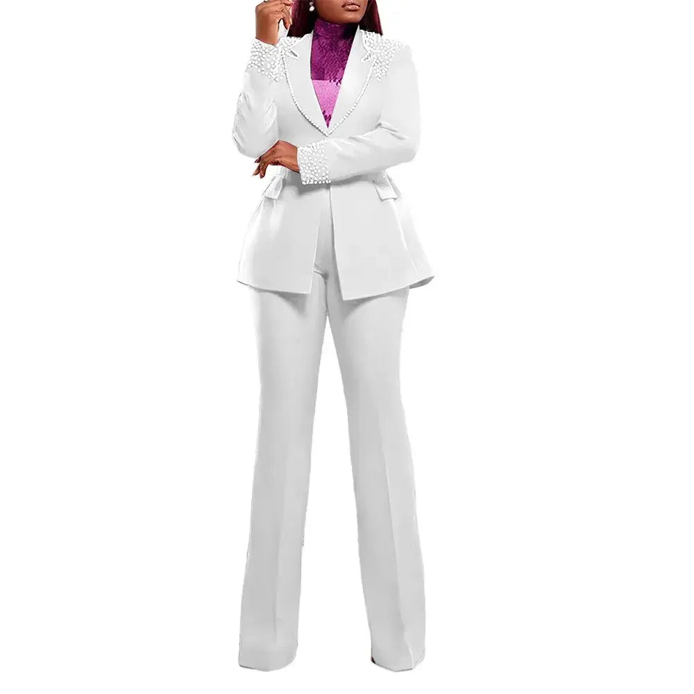 K3332 High Quality Ladies Suits Office Wear Beaded Long Sleeve Slim Elastic Suit and Pants Two Piece Blazer Set Business Suits Good Vibrations