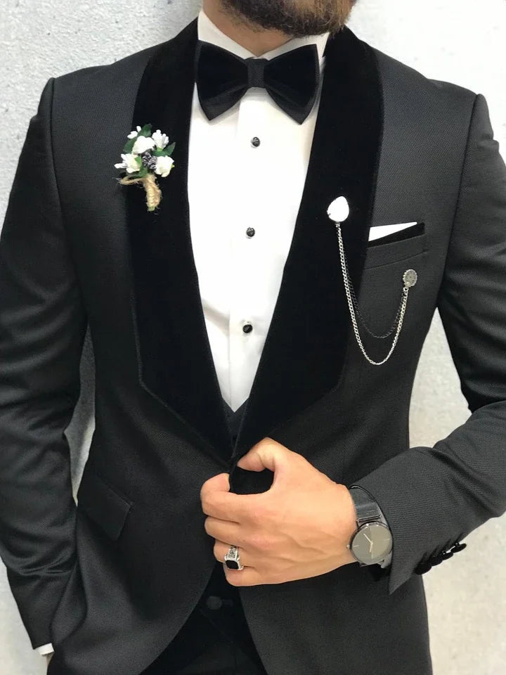 Morili One Button Wedding Party 3 Piece Suit for Man Velveteet Collar Slim Fit Waistcoat With Double Buttons MMSB46 Good Vibrations