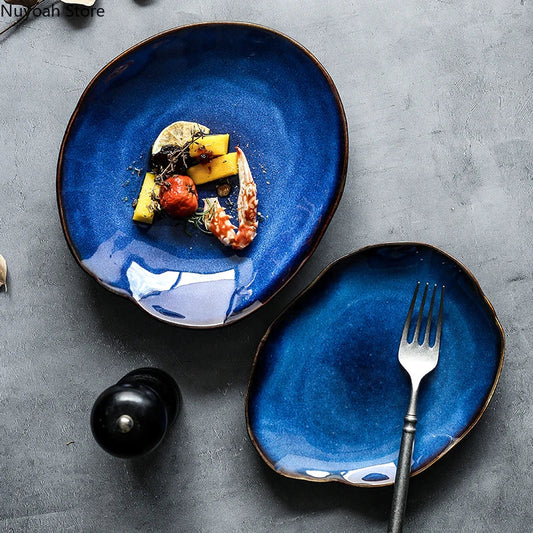 Household Ceramic Dinner Plate European Style Blue Glaze Salad Bowl Irregular Tableware Western Dinner Plate/kitchen Supplies Good Vibrations