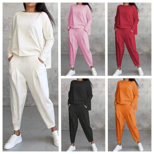 Plus Size Spring Fall Women's Clothing Ladies Solid Color O Neck Long Sleeve T Shirt Pocket Pants Casual Two Piece Women Set Good Vibrations