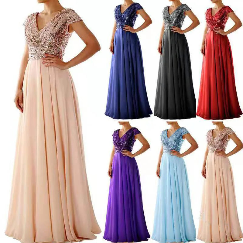 New Spring and Summer Women's V-neck Sequin Patchwork Elegant Formal Long Gown Evening Dresses 2024 Good Vibrations