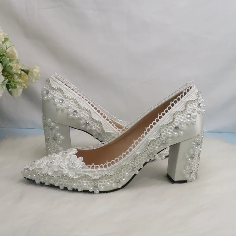 BaoYaFang New Arrival Thick Heel Pointed Toe Womens Wedding Shoes High Heels ladies fashion shoes woman White Lace ankle strap Good Vibrations