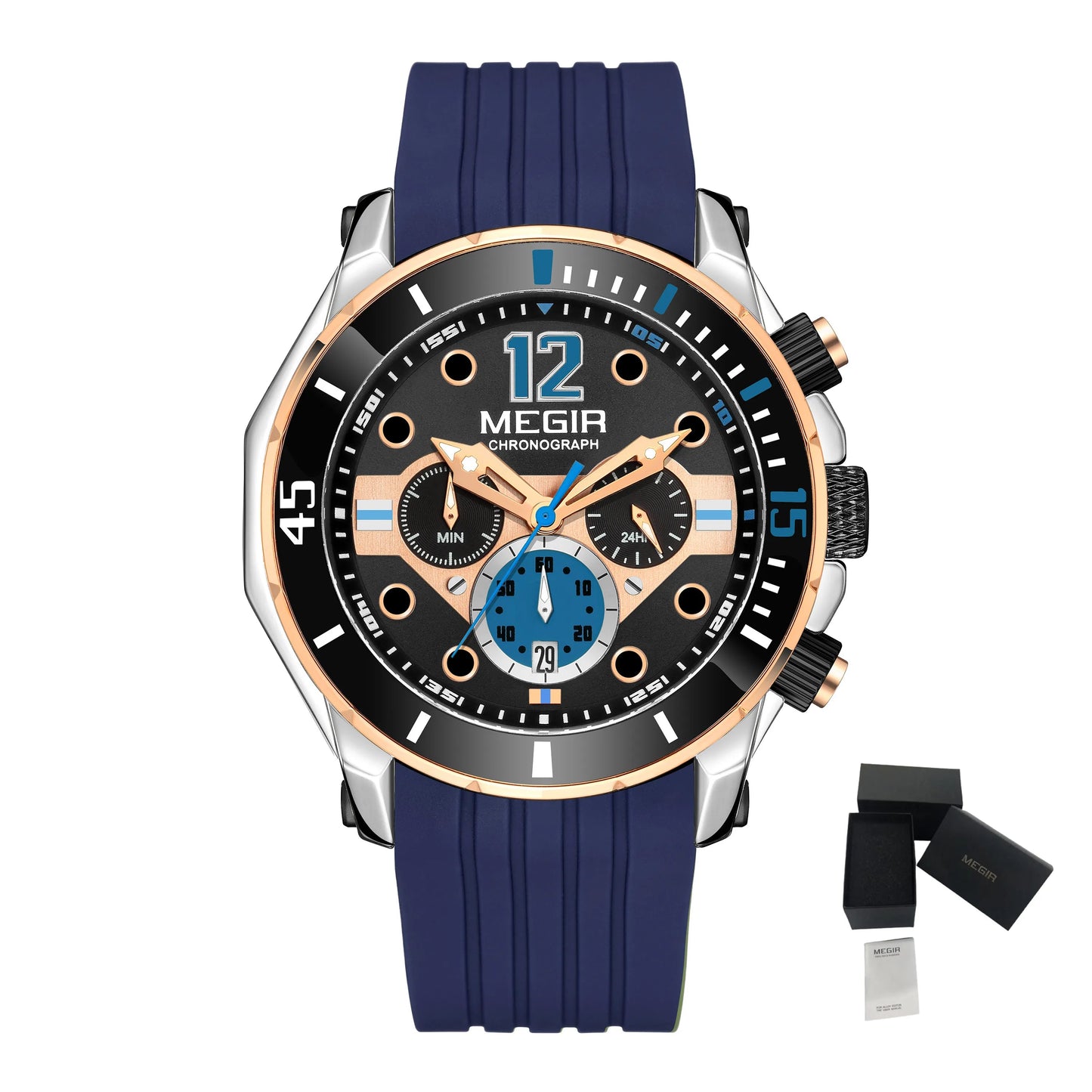 MEGIR 2206 Men's Luxury Sport Quartz Chronograph Watch Waterproof Silicone Band Calendar Stopwatch Luminous Fashion Business Good Vibrations