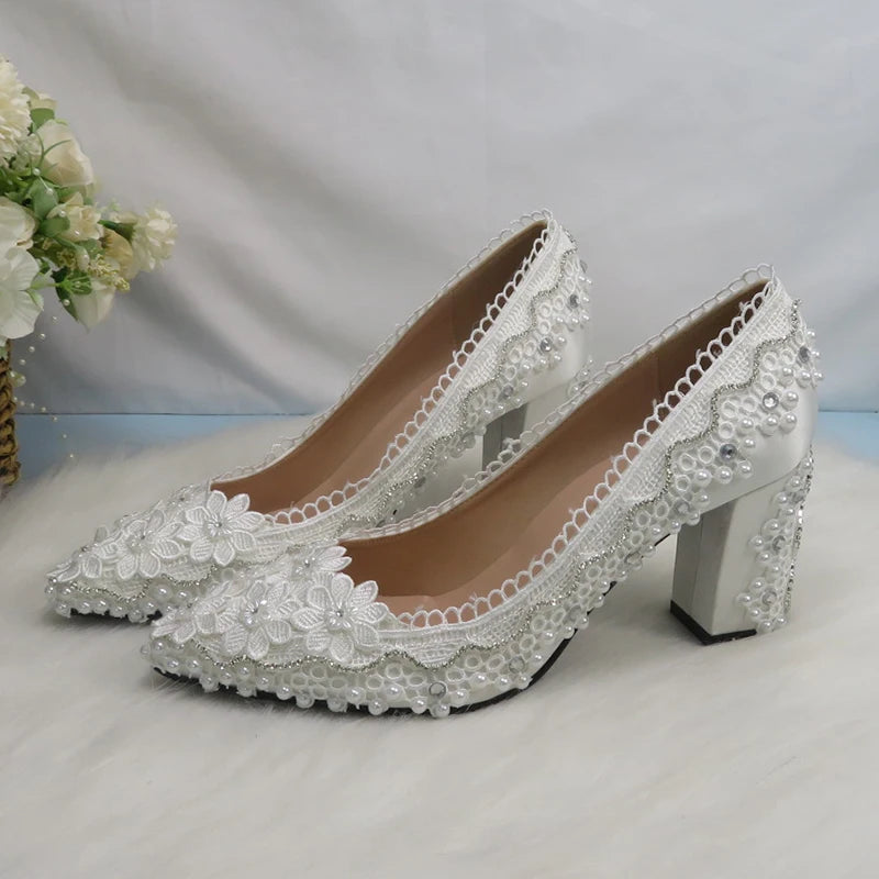 BaoYaFang New Arrival Thick Heel Pointed Toe Womens Wedding Shoes High Heels ladies fashion shoes woman White Lace ankle strap Good Vibrations