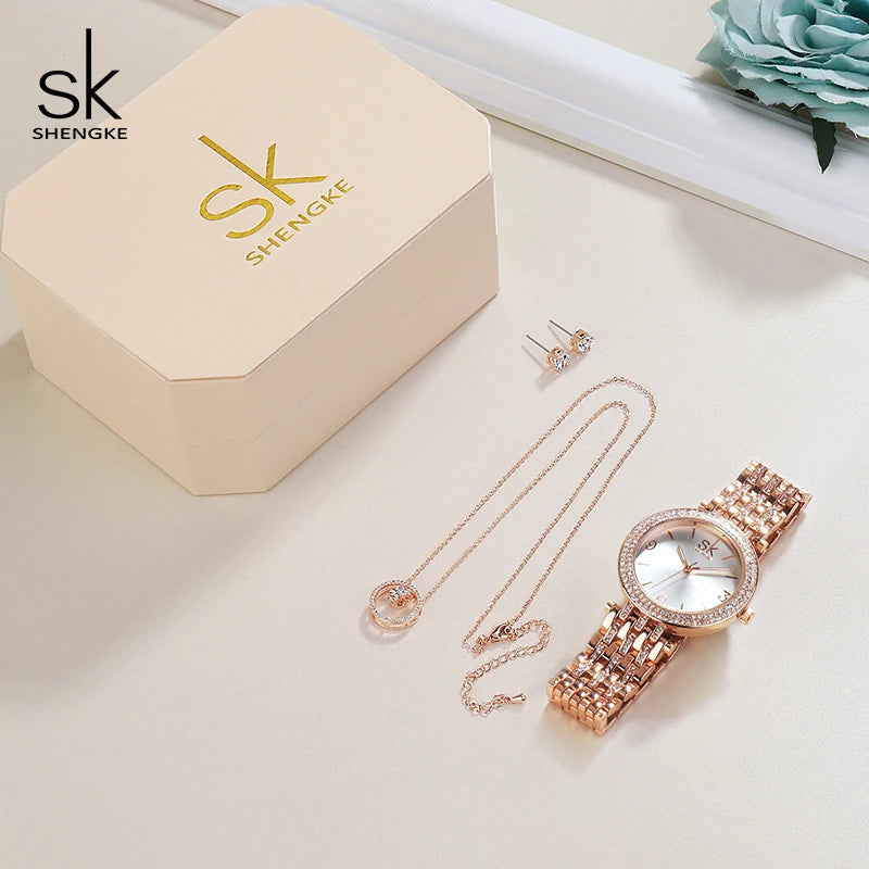 SHENGKE Octagonal Box Ladies Watch Set, Luxury Brand Exquisite Packaging Fashion Look Watch Necklace Earrings Three-in-one Set Good Vibrations