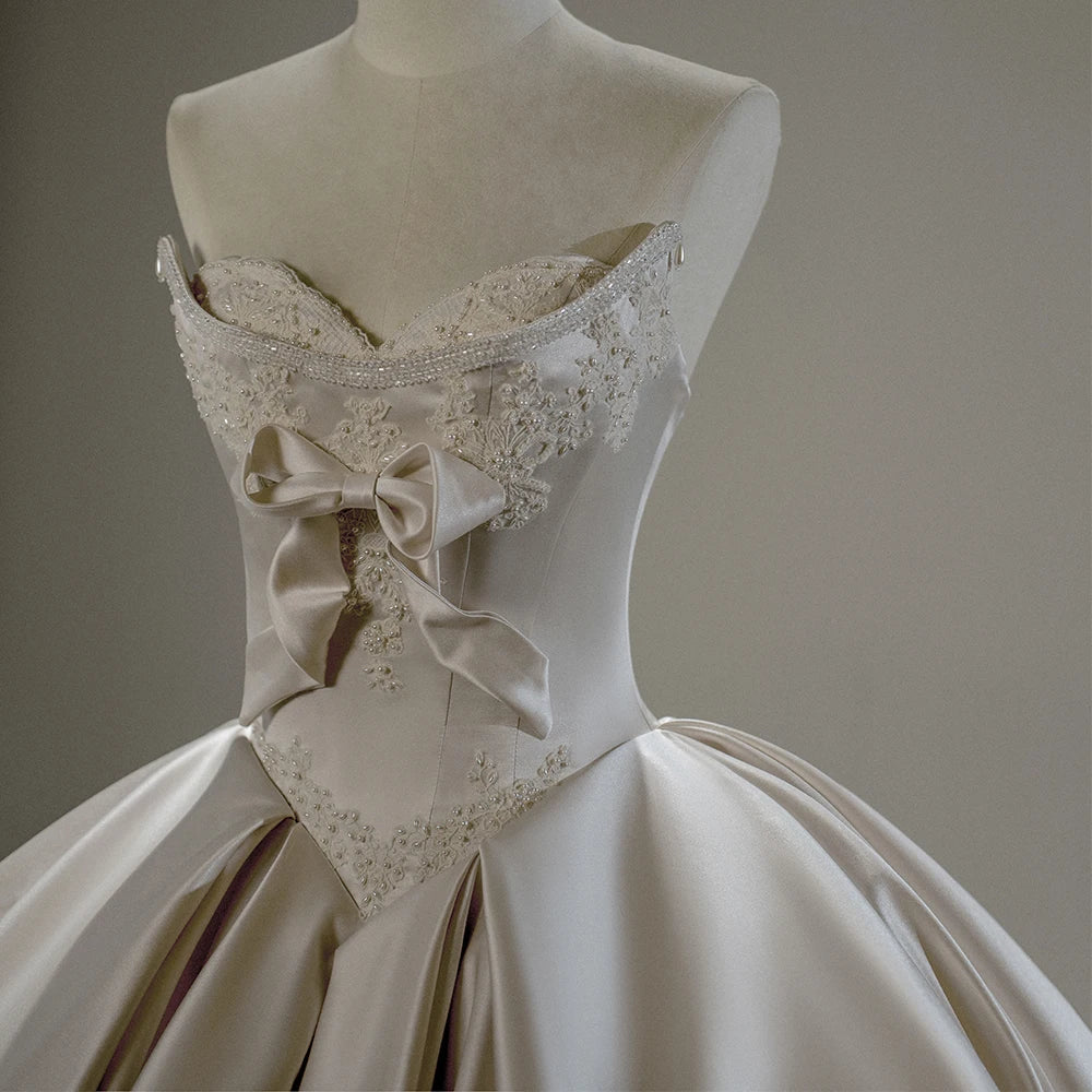 Satin Beaded Appliqued Bow Long Tail Bridal Ball Gown Wedding Dress Sfy184 Good Vibrations