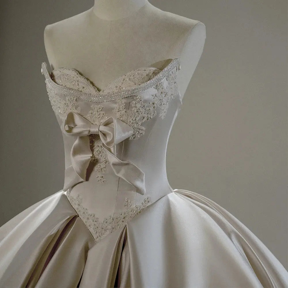 Satin Beaded Appliqued Bow Long Tail Bridal Ball Gown Wedding Dress Sfy184 Good Vibrations
