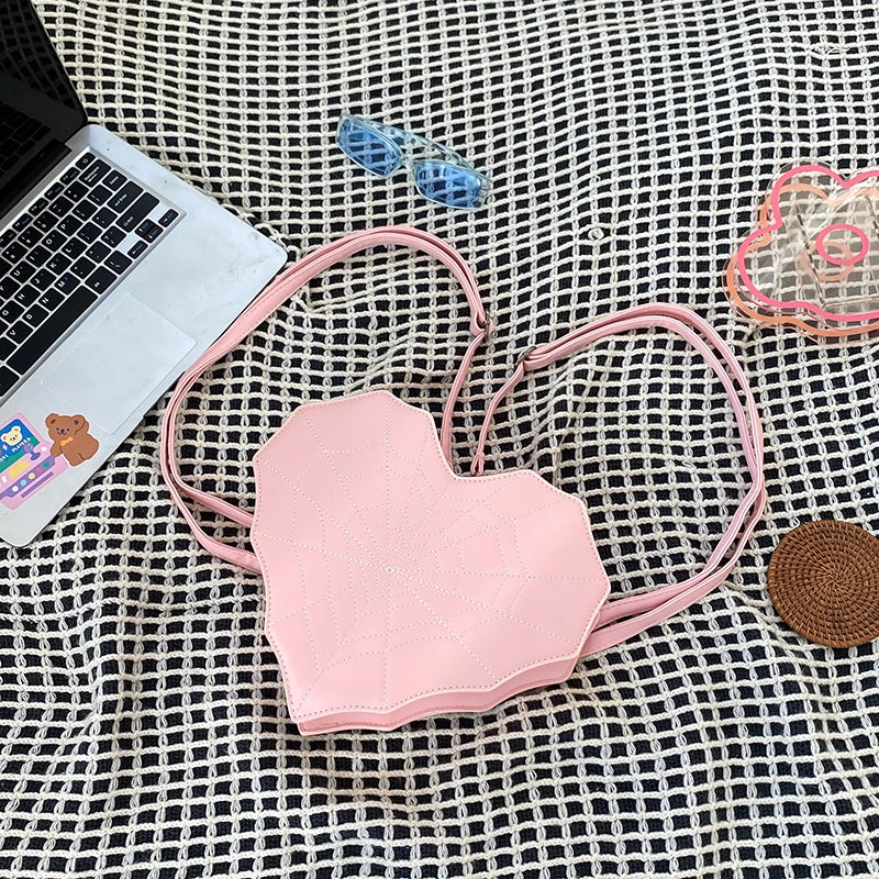 Unique Style Heart Shape PU Leather Backpack for Girls Personality Spider Web Shoulder Bag Purse Backpack Good Vibrations