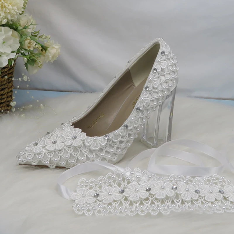 BaoYaFang New Arrival Thick Heel Pointed Toe Womens Wedding Shoes High Heels ladies fashion shoes woman White Lace ankle strap Good Vibrations