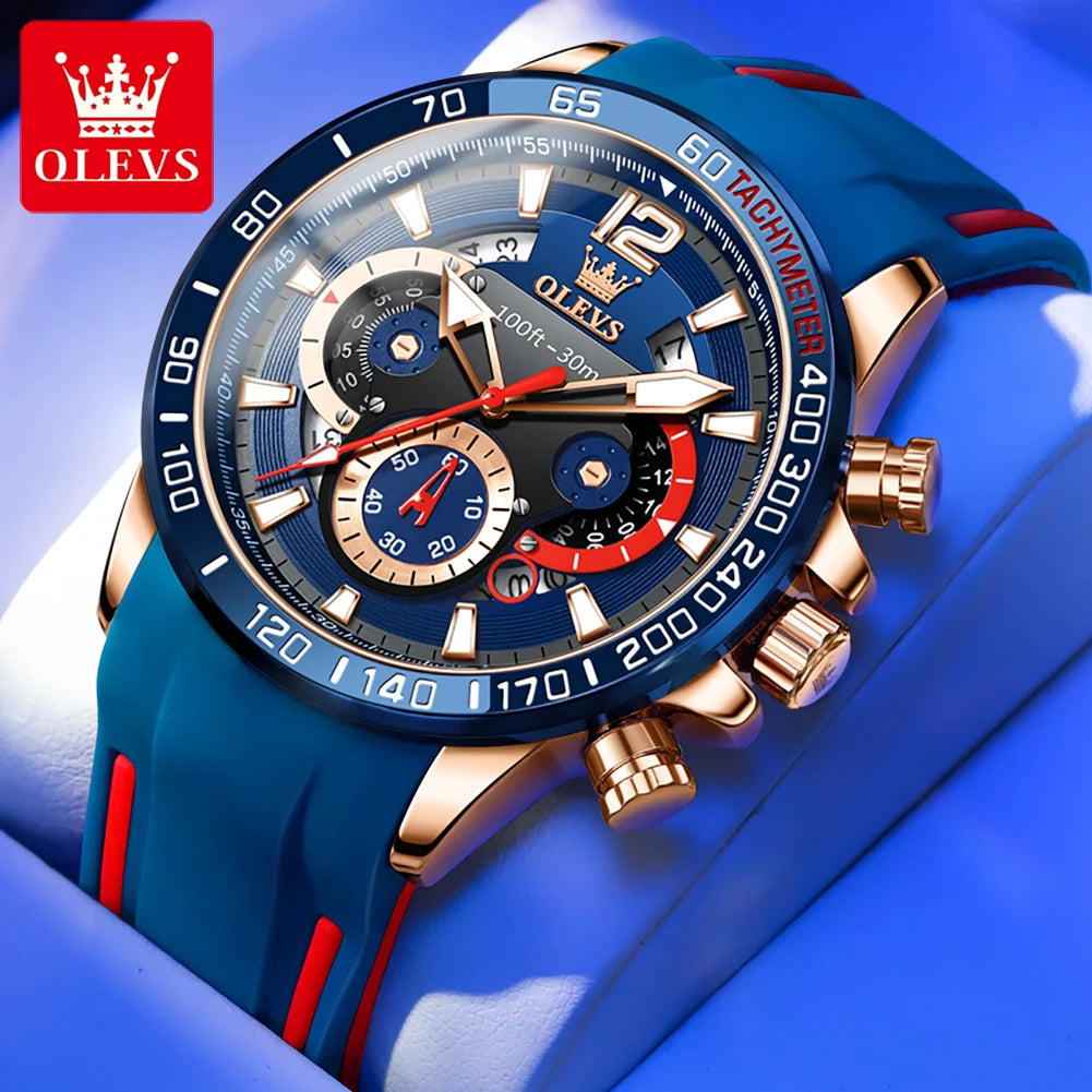 OLEVS 9936 New Silicone Blue Strap Multi-function Men Wristwatch Waterproof Quartz Sport Watch for Men Luminous Calendar Logo Good Vibrations