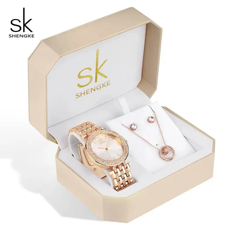 SHENGKE Octagonal Box Ladies Watch Set, Luxury Brand Exquisite Packaging Fashion Look Watch Necklace Earrings Three-in-one Set Good Vibrations