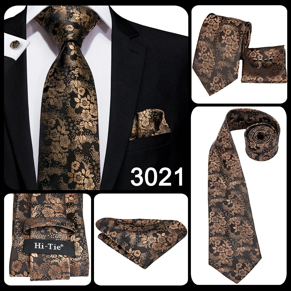 Hi-Tie Champagne Gold Striped Paisley Solid Men Silk Wedding Tie Fashion Design Necktie For Men Hanky Cufflink Business Party Good Vibrations
