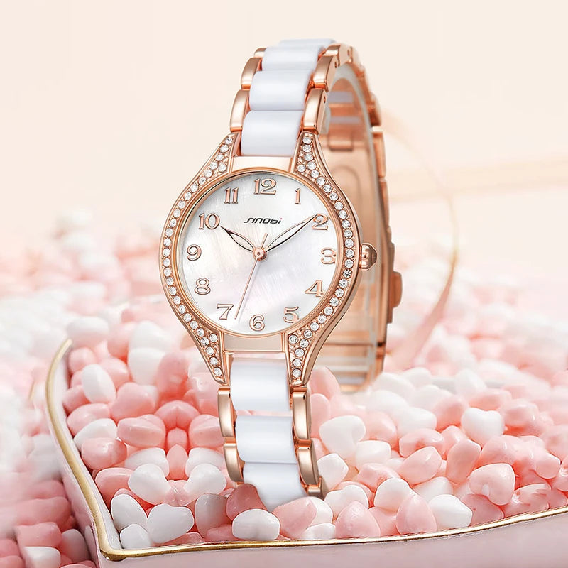 Sinobi Ceramic Band Luxury Diamond Wristwatch Jam Tangan 3ATM Water Resistant Quartz Watch Box Pack MIYOTA 2035 Movement Female Good Vibrations