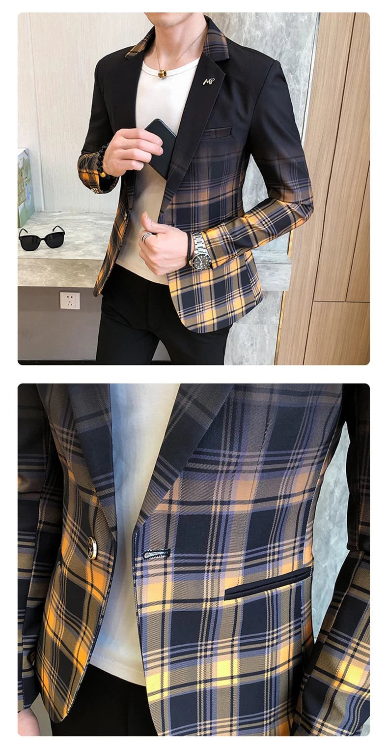 Blazer Men Boutique Fashion Plaid Men's Slim Casual Suit Jacket Male Ball Social Blazer Suit Coat Host Clothing Good Vibrations