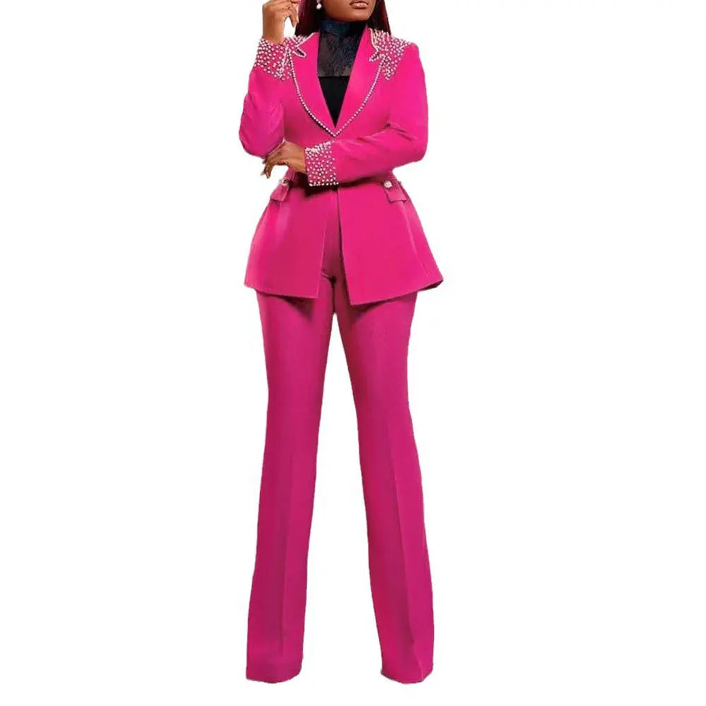 K3332 High Quality Ladies Suits Office Wear Beaded Long Sleeve Slim Elastic Suit and Pants Two Piece Blazer Set Business Suits Good Vibrations