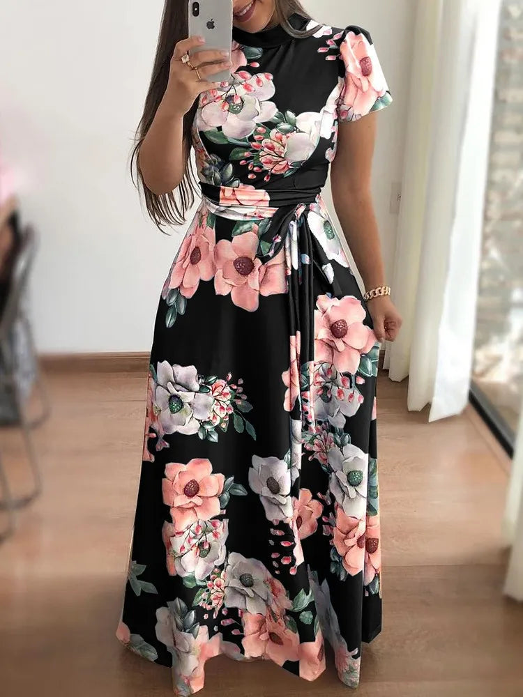 Women's Boho Floral Print Maxi Dress Elegant for Bandage Party Vestido with Long Sleeves for Summer Plain Dyed Casual Long Dress Good Vibrations