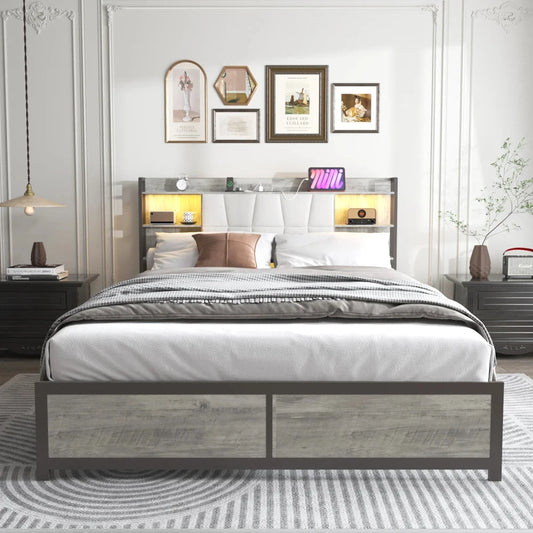 Queen Size Bed Frame with LED Light & Power Outlet, Platform Bed with Upholstered Headboard and Storage Good Vibrations