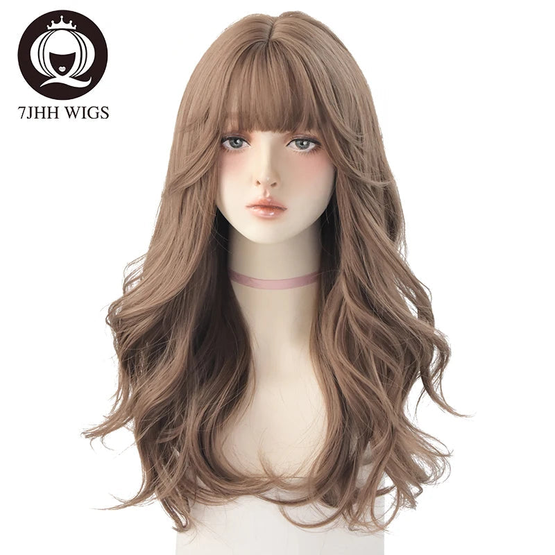7JHHWIGS Long Wavy Synthetic Black Wigs For Women With Fringe Fashion Heat Resistant Mid-Length Daily Straight Light Brown Hair Good Vibrations