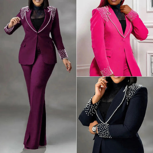 K3332 High Quality Ladies Suits Office Wear Beaded Long Sleeve Slim Elastic Suit and Pants Two Piece Blazer Set Business Suits Good Vibrations