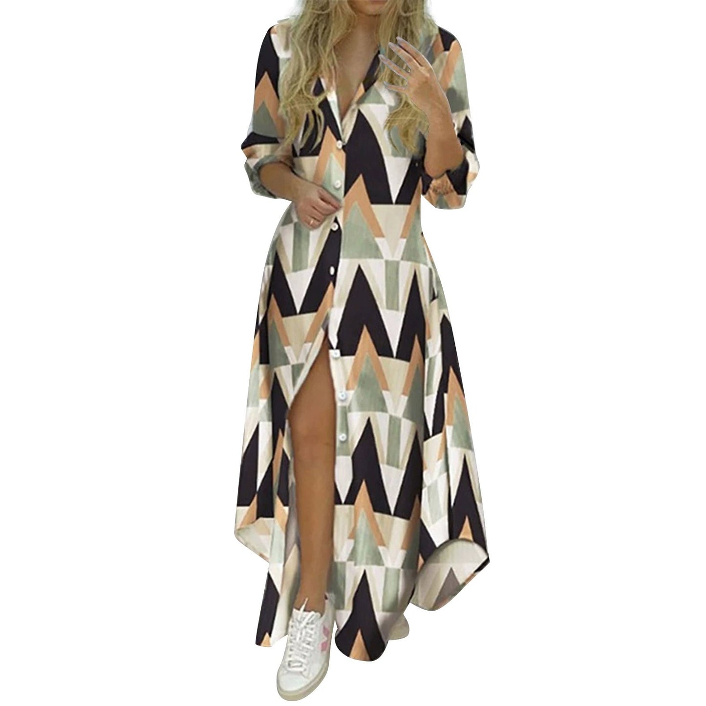 Printed Single Brewed Split Shirt Dress Floral Print Slit Shirt Dress Good Vibrations