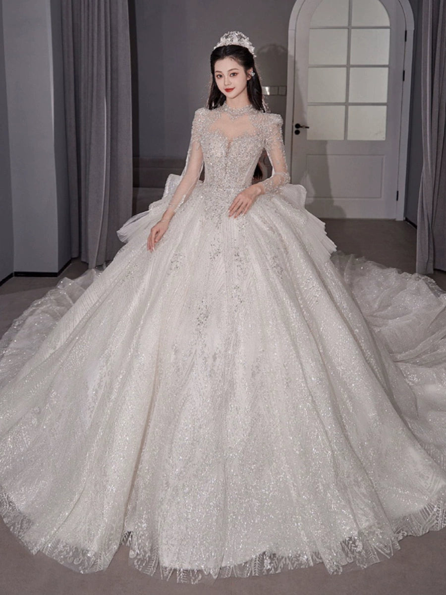 Long Sleeves Main Wedding Dress 2024 Bride New Arrival French Princess on the Run Pregnant Women Small Winter Long Tail Wedding Veil Good Vibrations