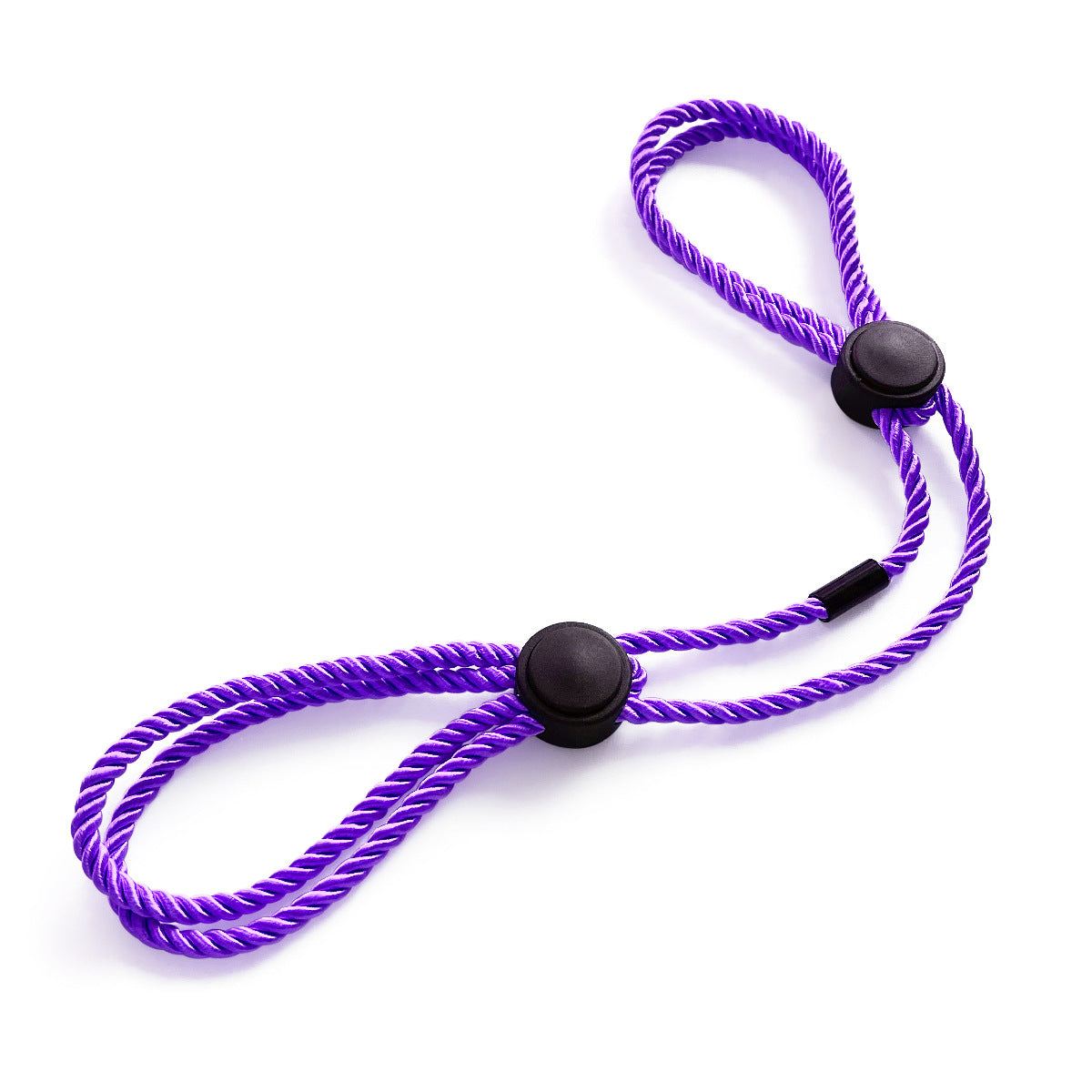 Purple BDSM handcuffs with adjustable nylon rope and black clasps for adult bondage games.