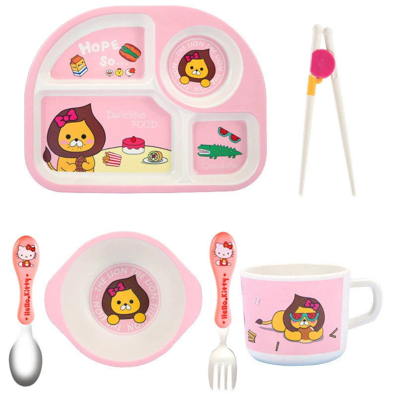 Bamboo Fiber Kids Tableware Kids Set Cartoon Grid Plate Baby Rice Bowl Drop-Resistant Spork Chopsticks Complementary Food Good Vibrations