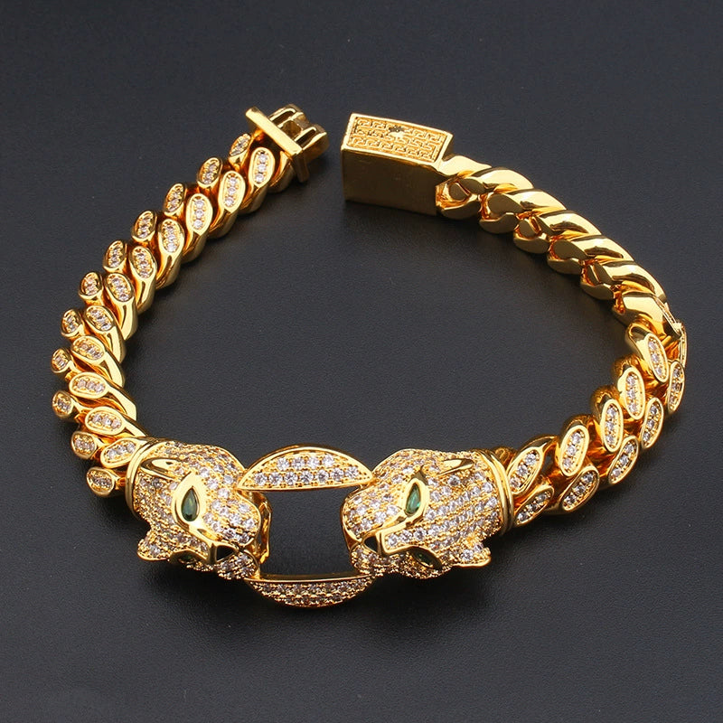 Double Leopard Head Bracelet Men White Gold Color Ponytail Woven Rhinestone-Encrusted Jewelry Stylish Fashion European and American Style Domineering Good Vibrations