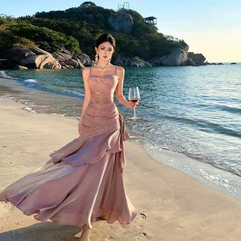 French style Senior Touching Yuji Blue Fishtail Guest dresses Women Summer Temperament Royal Sister Waist Hugging Slimming Sling Dress Good Vibrations