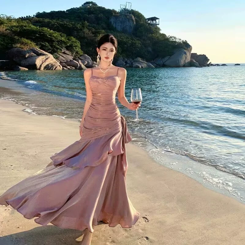 French style Senior Touching Yuji Blue Fishtail Guest dresses Women Summer Temperament Royal Sister Waist Hugging Slimming Sling Dress Good Vibrations