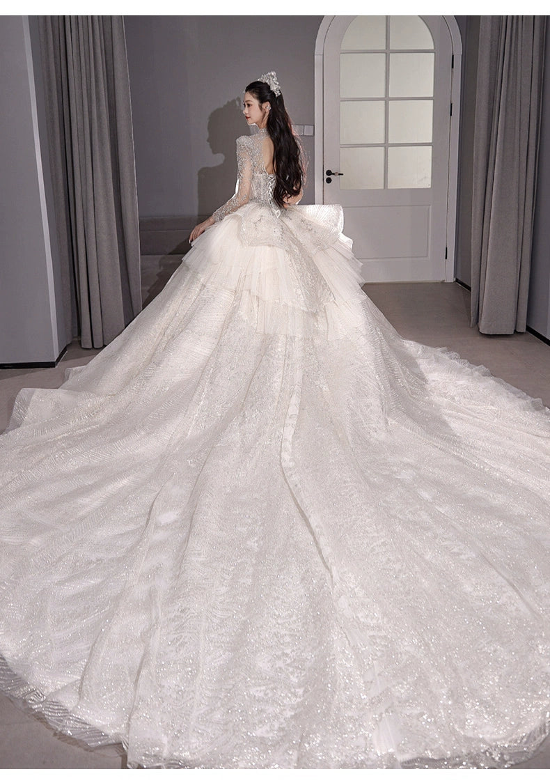 Long Sleeves Main Wedding Dress 2024 Bride New Arrival French Princess on the Run Pregnant Women Small Winter Long Tail Wedding Veil Good Vibrations