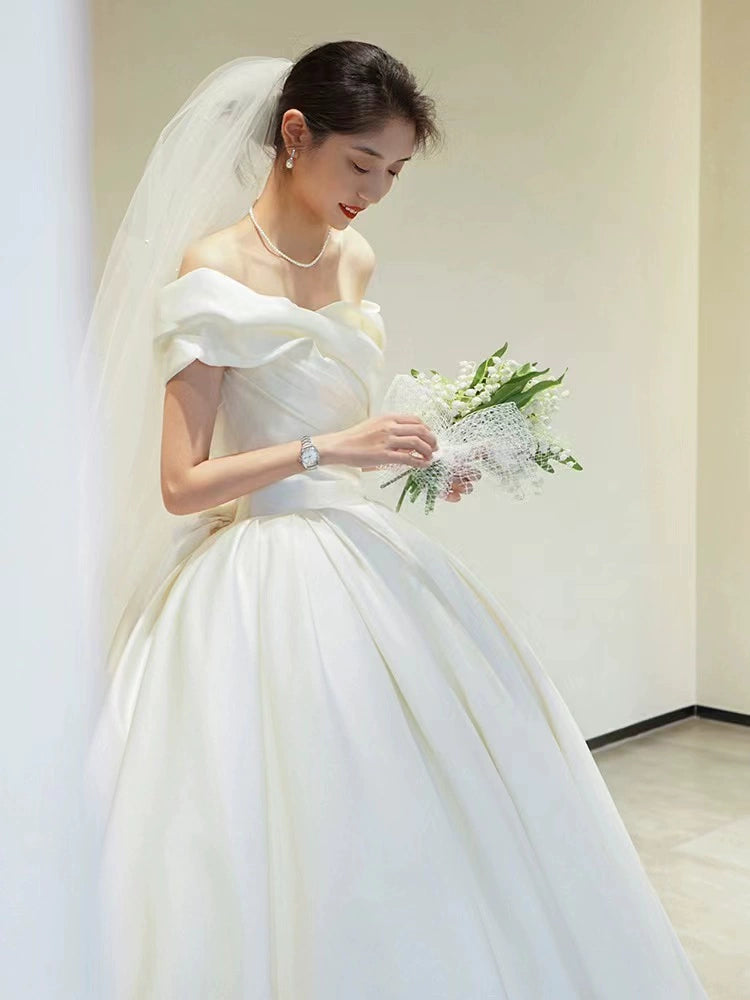 off-Shoulder Long Trailing Maternity Satin Main Wedding Dress Good Vibrations