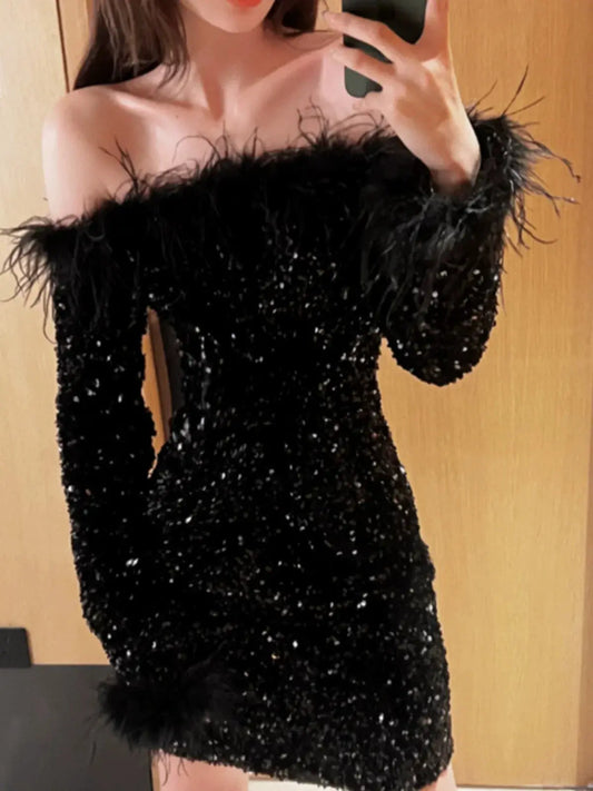 -Shoulder Sequin Sexy Dress for Birthday Party Nightclub GOOD Vibrations