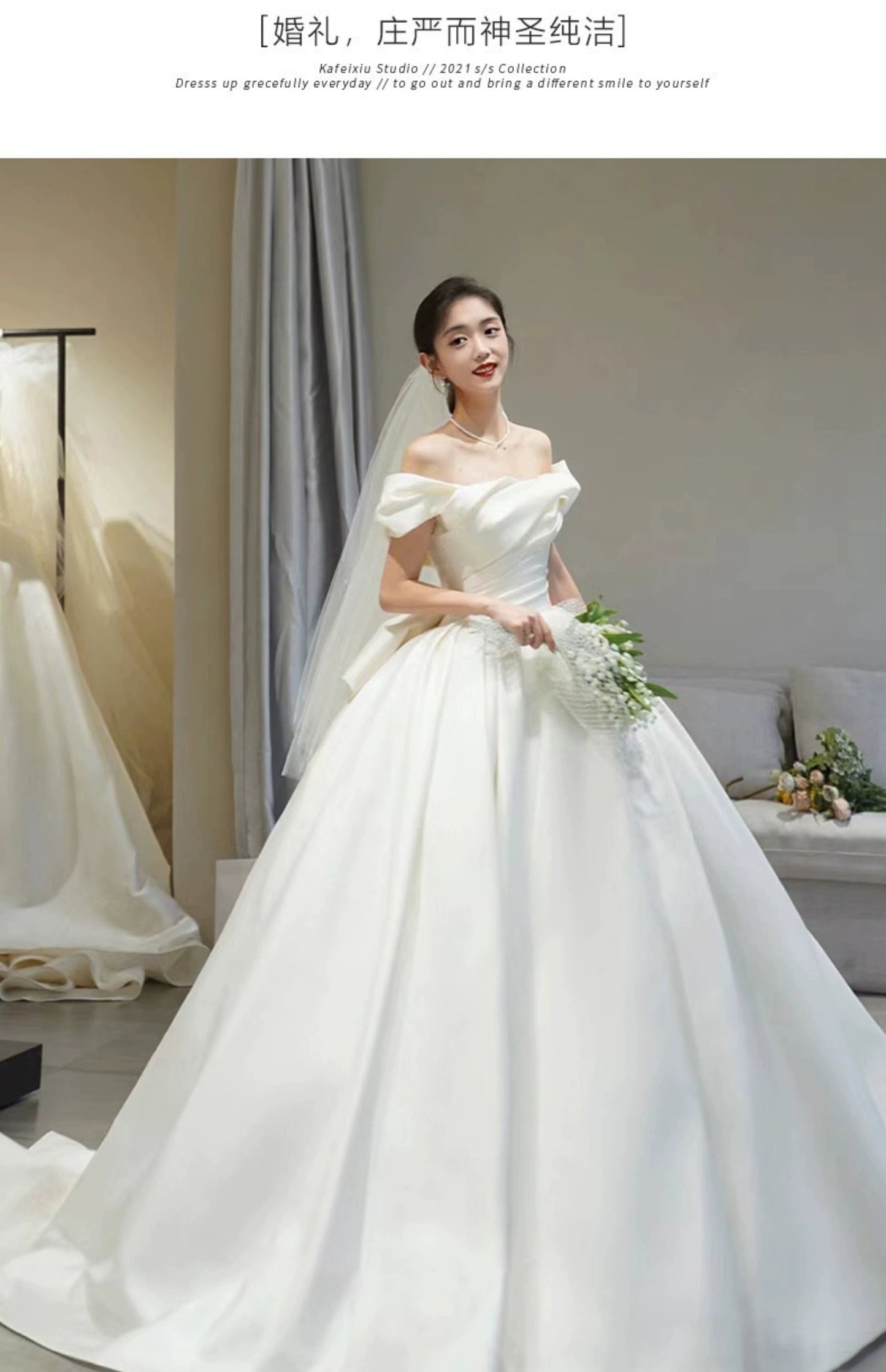 off-Shoulder Long Trailing Maternity Satin Main Wedding Dress Good Vibrations