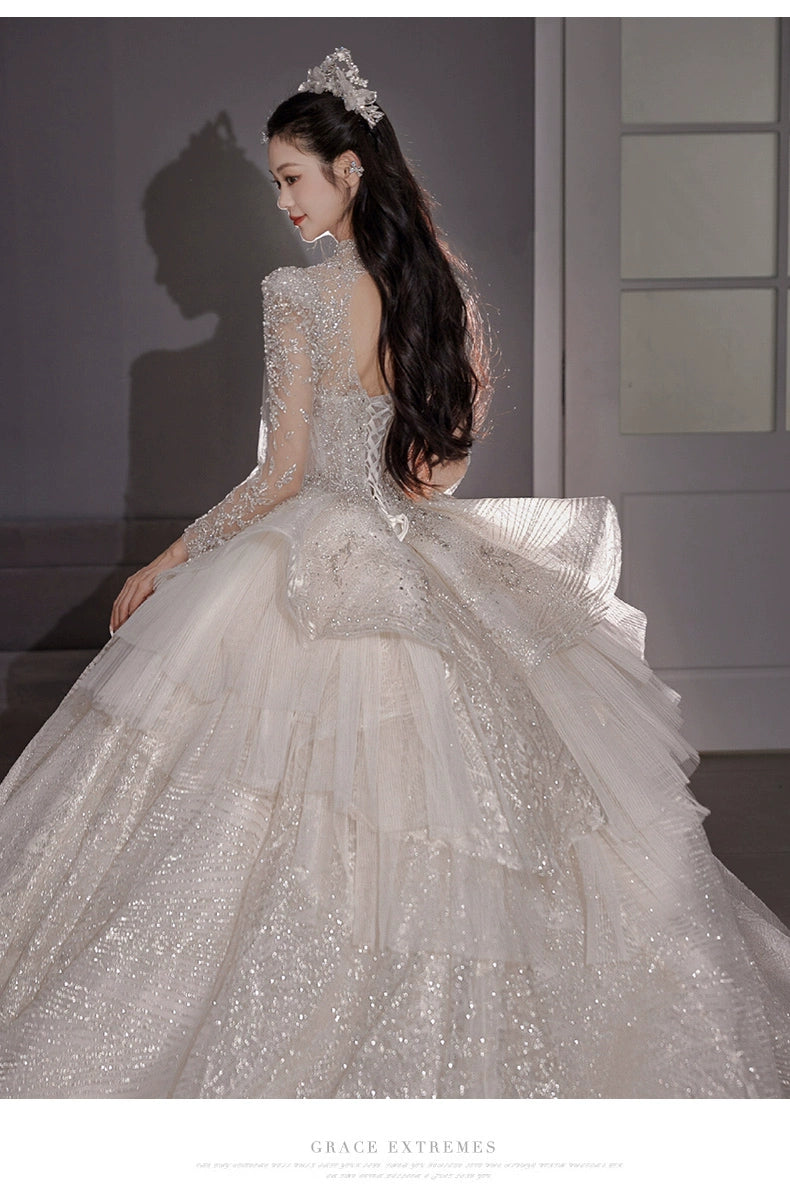 Long Sleeves Main Wedding Dress 2024 Bride New Arrival French Princess on the Run Pregnant Women Small Winter Long Tail Wedding Veil Good Vibrations