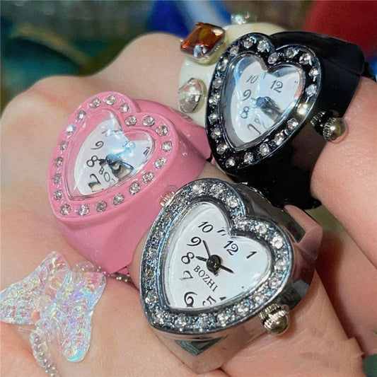 Heart Full Diamond Watch Ring Retro Middle-Ancient Cute Earth Cool Men and Women Millennium Sexy Pink Peach Heart Disco Harajuku Good Vibrations