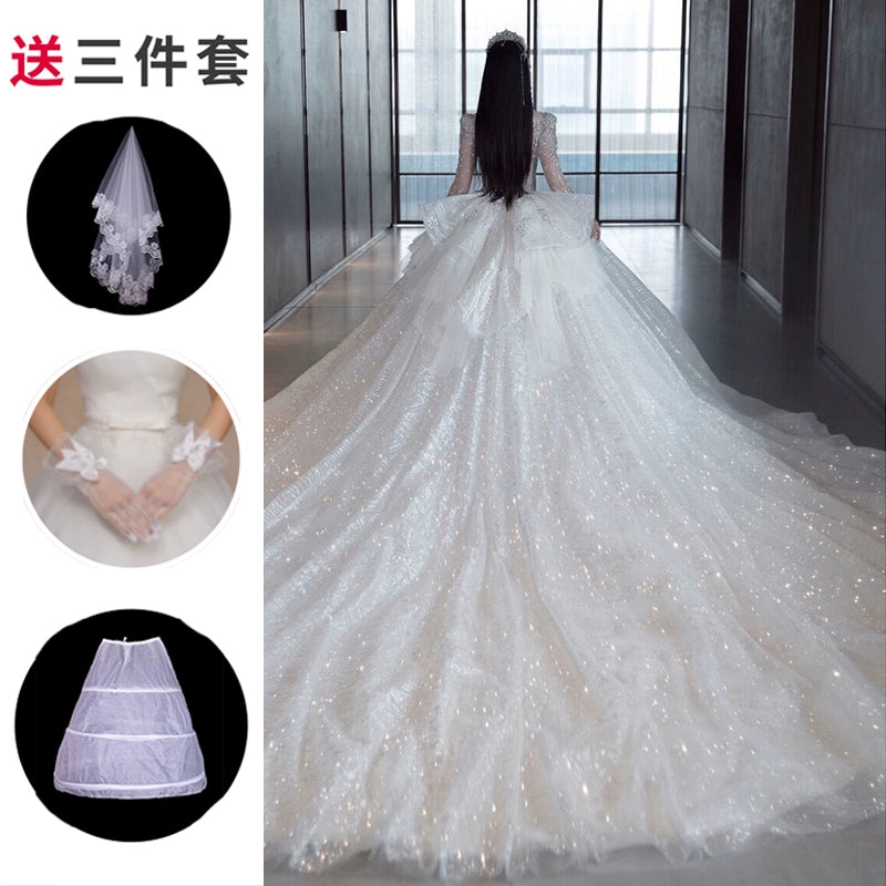 Long Sleeves Main Wedding Dress 2024 Bride New Arrival French Princess on the Run Pregnant Women Small Winter Long Tail Wedding Veil Good Vibrations
